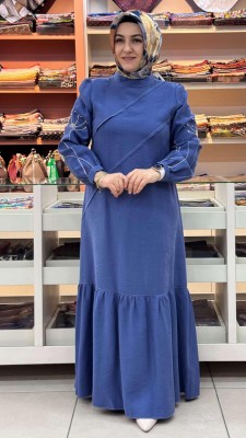 Kolları İnci Detaylı Elbise İndigo/5164 - Thumbnail