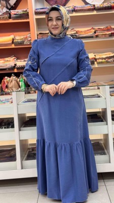 Kolları İnci Detaylı Elbise İndigo/5164 - Thumbnail