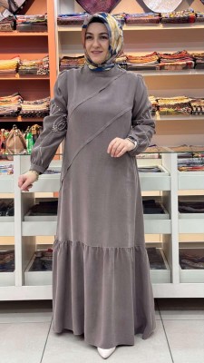 Kolları İnci Detaylı Elbise Kahve/5164 - Thumbnail