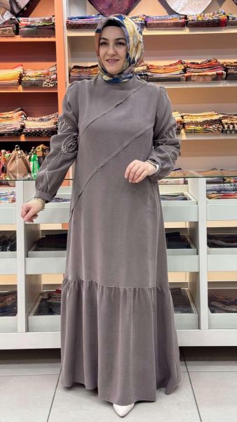 Kolları İnci Detaylı Elbise Kahve/5164