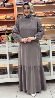 Kolları İnci Detaylı Elbise Kahve/5164 - Thumbnail