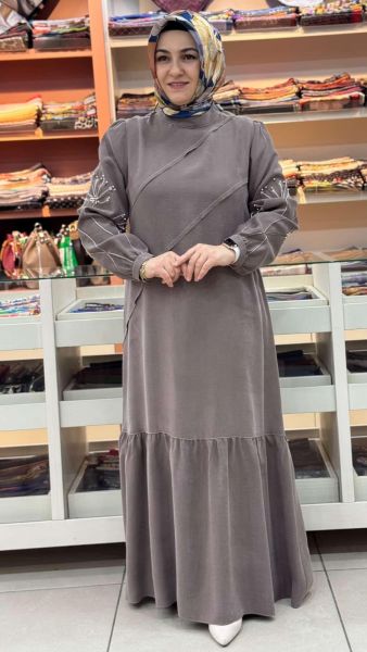 Kolları İnci Detaylı Elbise Kahve/5164