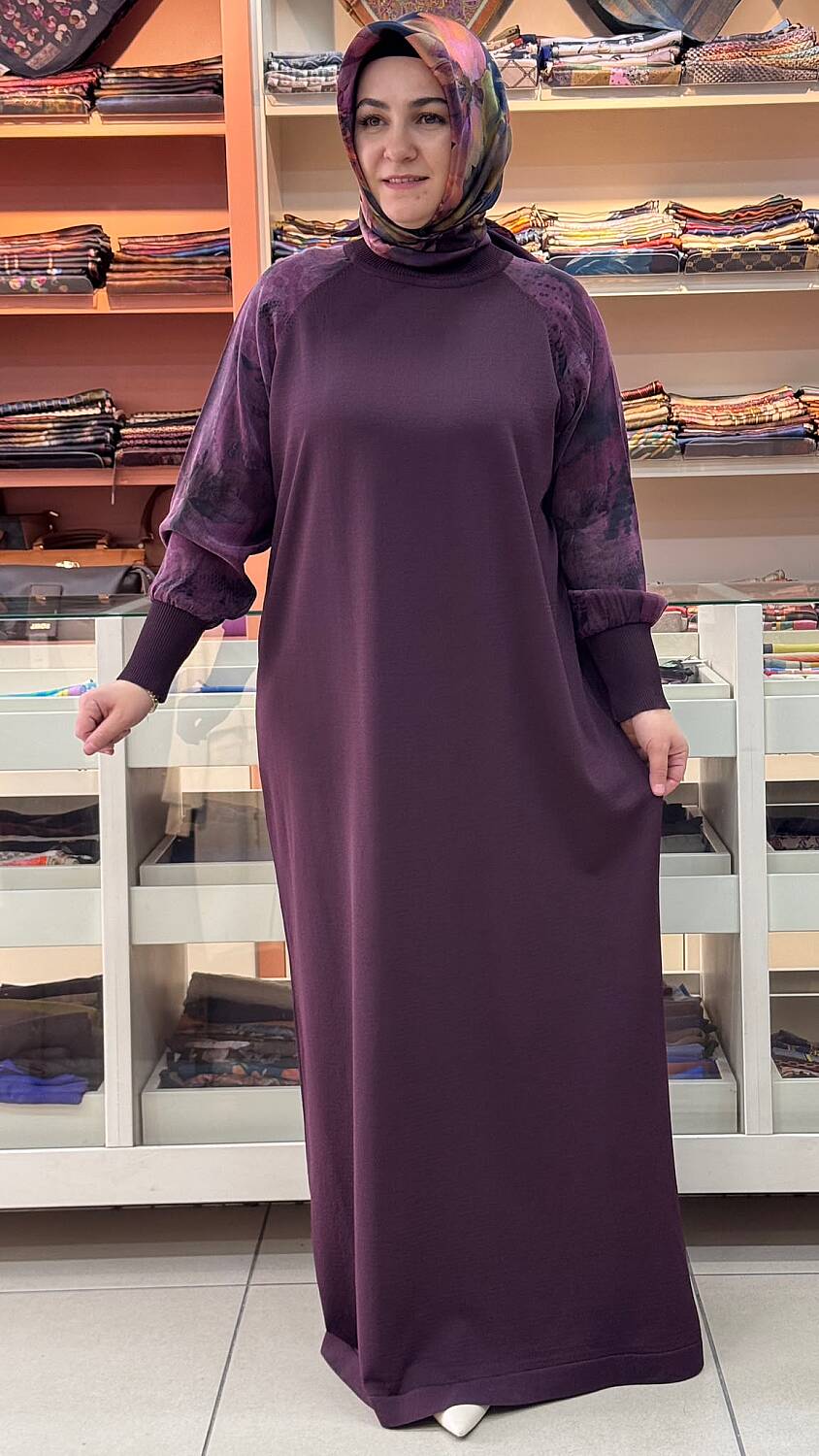 Kolları İpek Kupra Triko Elbise Mürdüm/5106 - 1
