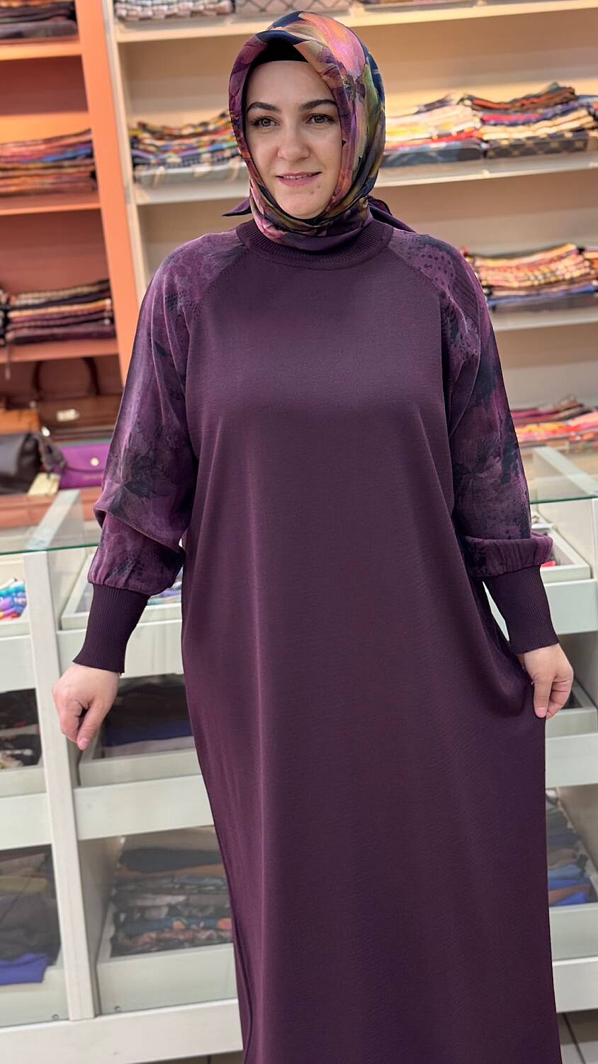 Kolları İpek Kupra Triko Elbise Mürdüm/5106 - 2