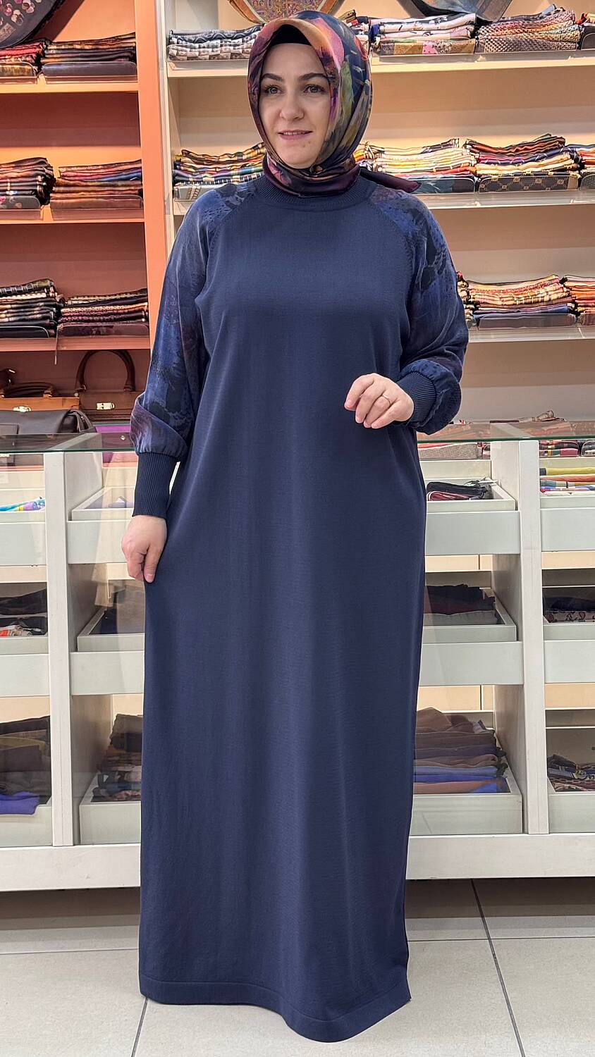 Kolları İpek Kupra Triko Elbise Lacivert/5106 - 1