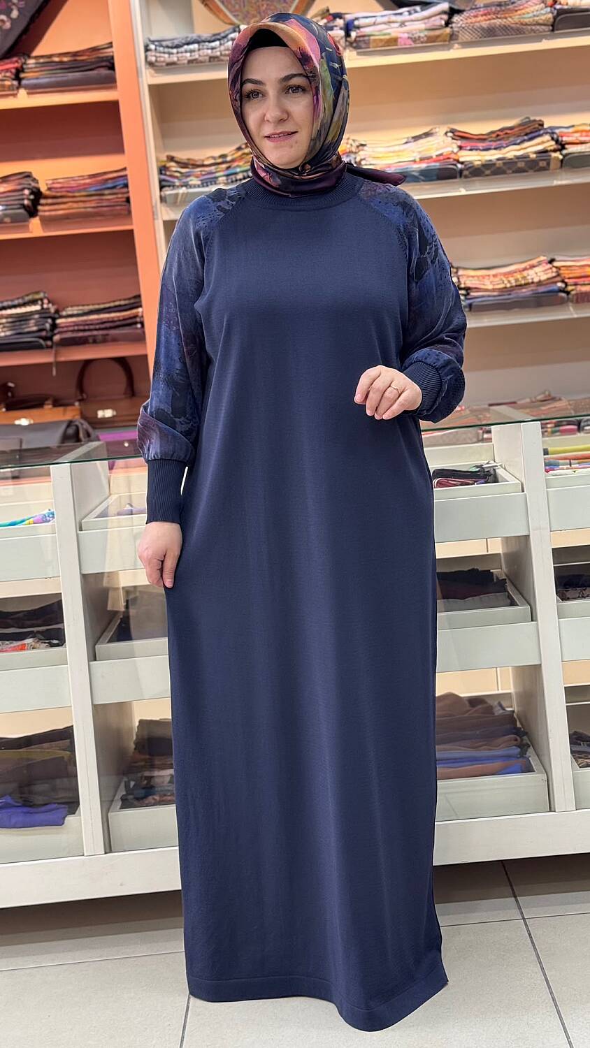 Kolları İpek Kupra Triko Elbise Lacivert/5106 - 2