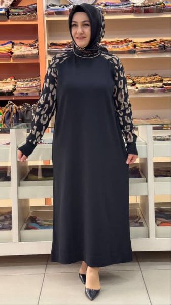 Kolları Leoparlı Triko Elbise Siyah/2261