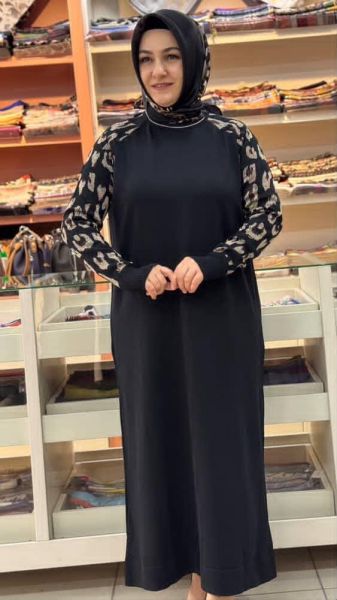 Kolları Leoparlı Triko Elbise Siyah/2261