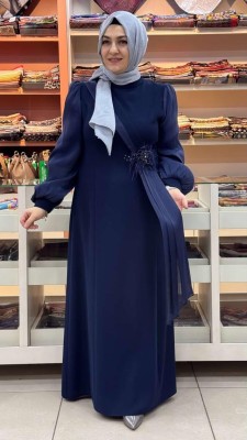 Kolları Organze Tül Detaylı Abiye Lacivert/5167 - Thumbnail