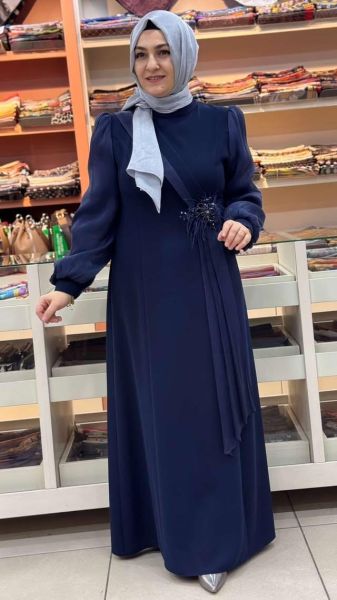 Kolları Organze Tül Detaylı Abiye Lacivert/5167