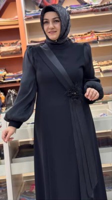 Kolları Organze Tül Detaylı Abiye Siyah/5167 - Thumbnail