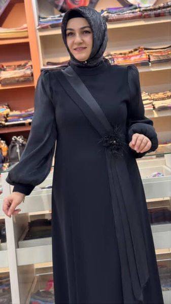 Kolları Organze Tül Detaylı Abiye Siyah/5167