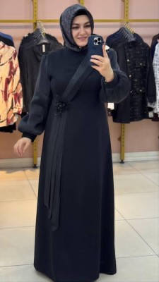 Kolları Organze Tül Detaylı Abiye Siyah/5167 - Thumbnail