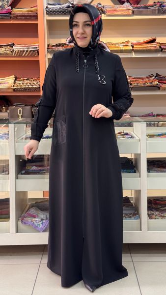 Kolları Pul Detaylı Organze Cepli Ferace Siyah/90591