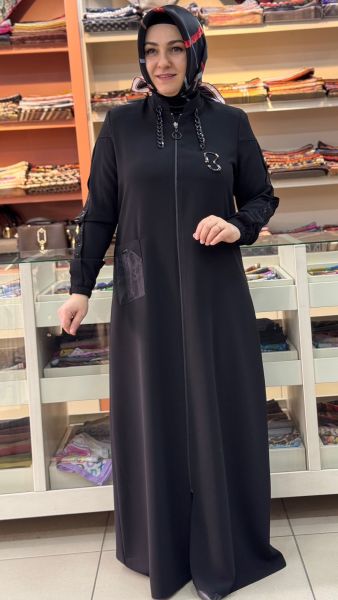 Kolları Pul Detaylı Organze Cepli Ferace Siyah/90591