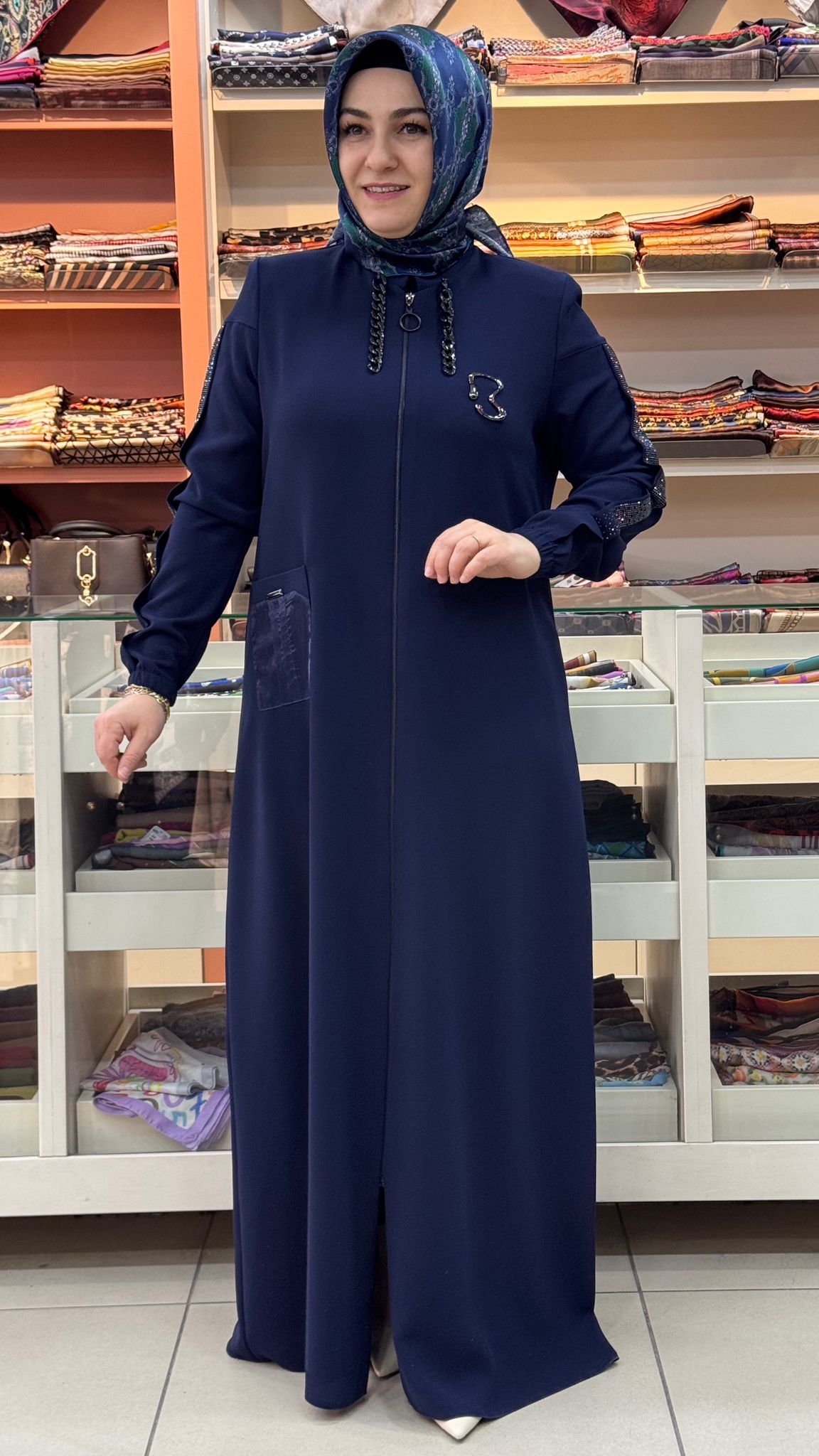 sar moda - Kolları Pul Detaylı Organze Cepli Ferace Lacivert/90591