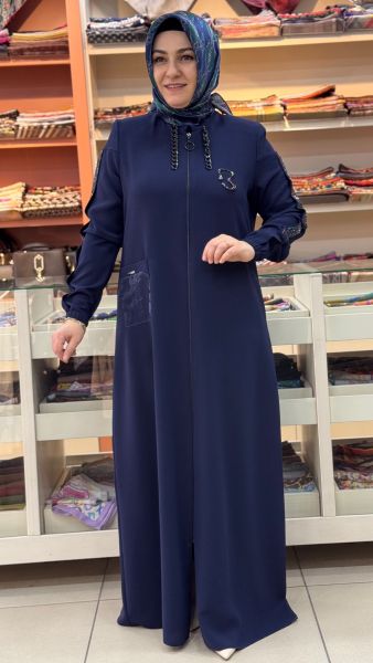 Kolları Pul Detaylı Organze Cepli Ferace Lacivert/90591