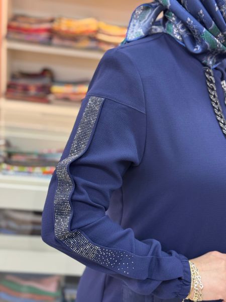 Kolları Pul Detaylı Organze Cepli Ferace Lacivert/90591