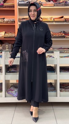 sar moda - Kolları Taşlı Organze Cep Detaylı Kap Siyah/1034