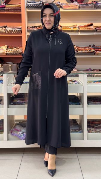 Kolları Taşlı Organze Cep Detaylı Kap Siyah/1034