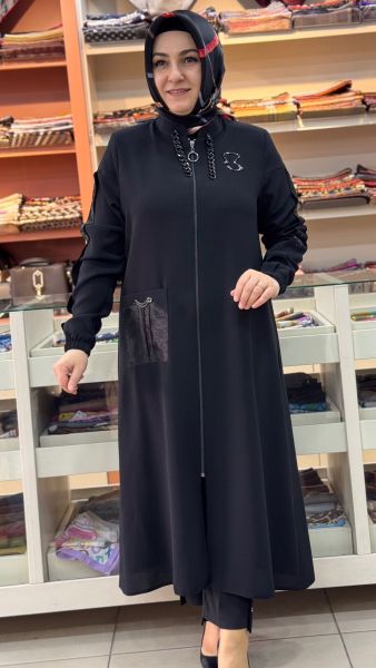 Kolları Taşlı Organze Cep Detaylı Kap Siyah/1034