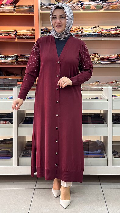 Kolları Taşlı Uzun Merserize Triko Hırka Bordo/2725 
