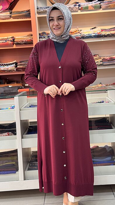 Kolları Taşlı Uzun Merserize Triko Hırka Bordo/2725  - 2