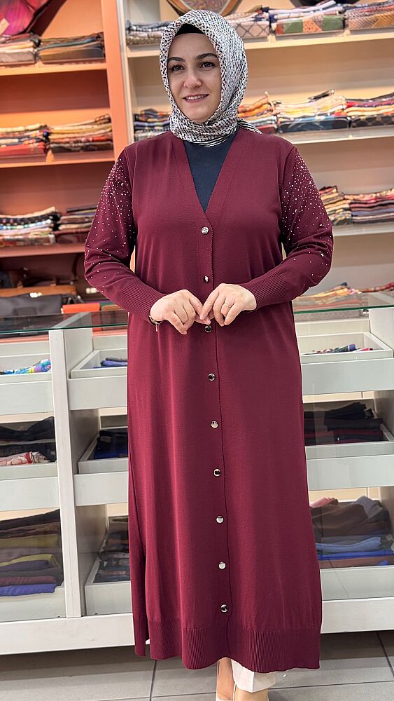 Kolları Taşlı Uzun Merserize Triko Hırka Bordo/2725 - 2