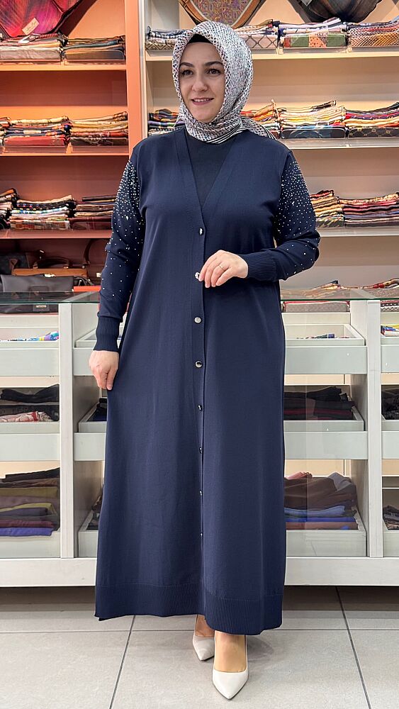 Kolları Taşlı Uzun Merserize Triko Hırka Lacivert/2725 - 1