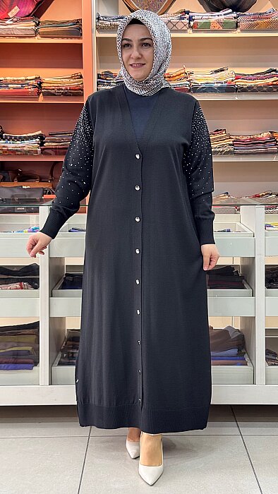 Kolları Taşlı Uzun Merserize Triko Hırka Siyah/2725
