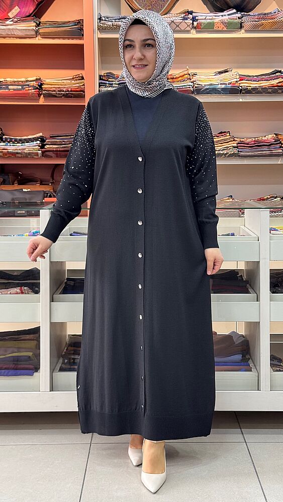 Kolları Taşlı Uzun Merserize Triko Hırka Siyah/2725 - 1