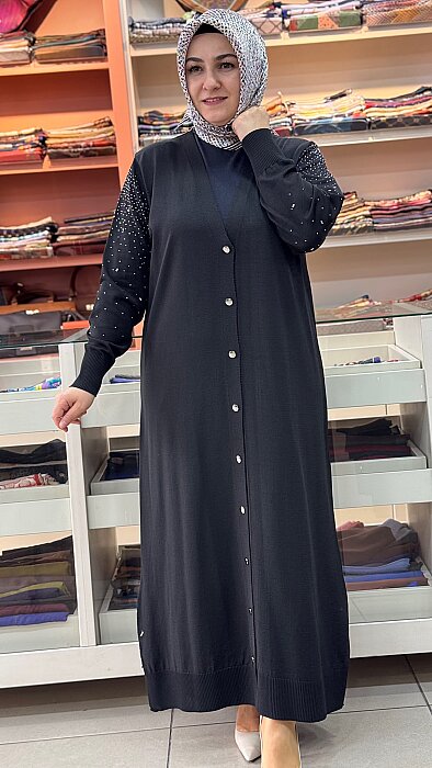 Kolları Taşlı Uzun Merserize Triko Hırka Siyah/2725 - 2