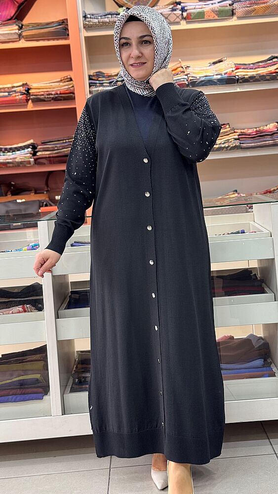 Kolları Taşlı Uzun Merserize Triko Hırka Siyah/2725 - 2
