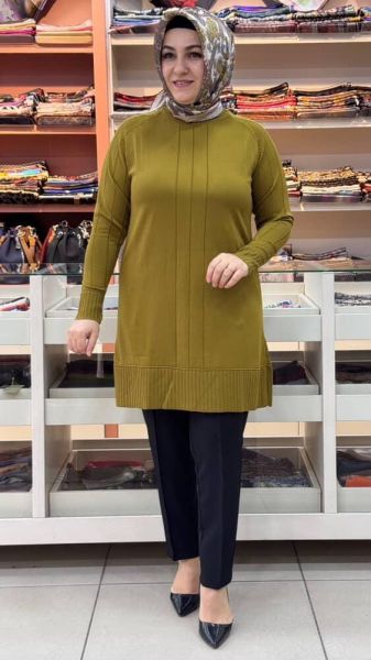 Kolları Ve Önü Çizgi Detaylı Triko Tunik Yağ Yeşili/3189