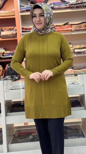 Kolları Ve Önü Çizgi Detaylı Triko Tunik Yağ Yeşili/3189