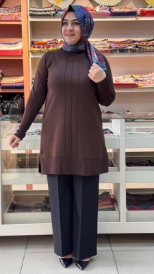 Kolları Ve Önü Çizgi Detaylı Triko Tunik Acı Kahve/3189 - Thumbnail