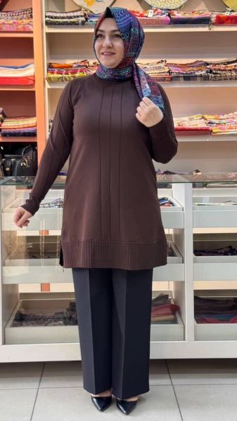 Kolları Ve Önü Çizgi Detaylı Triko Tunik Acı Kahve/3189