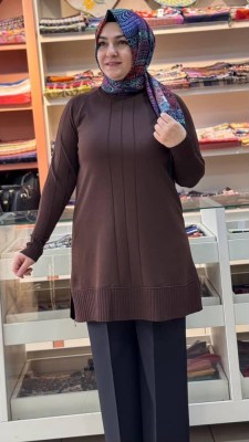 Kolları Ve Önü Çizgi Detaylı Triko Tunik Acı Kahve/3189 - Thumbnail