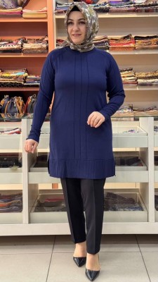  - Kolları Ve Önü Çizgi Detaylı Triko Tunik Lacivert/3189