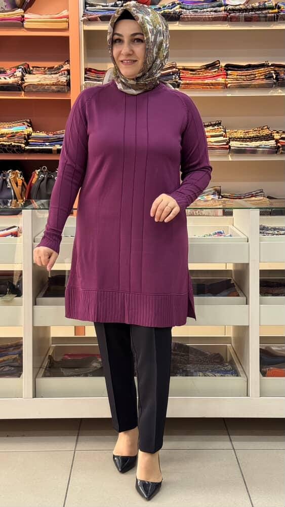  - Kolları Ve Önü Çizgi Detaylı Triko Tunik Mürdüm/3189