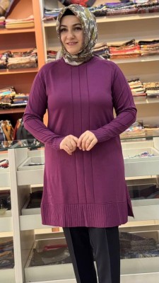 Kolları Ve Önü Çizgi Detaylı Triko Tunik Mürdüm/3189 - Thumbnail