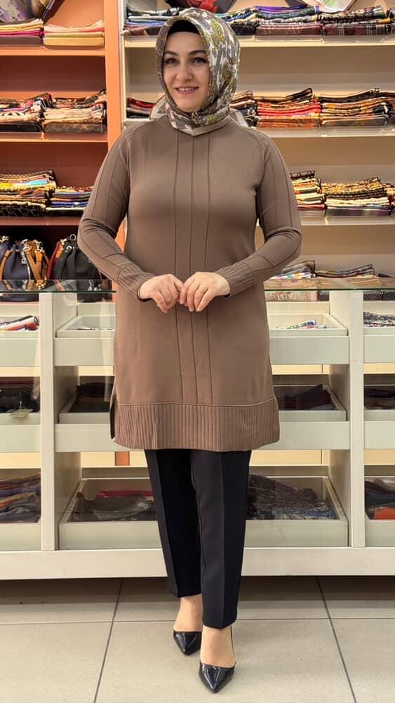  - Kolları Ve Önü Çizgi Detaylı Triko Tunik Kahve/3189