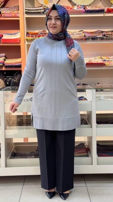 Kolları Ve Önü Çizgi Detaylı Triko Tunik Gri/3189 - Thumbnail