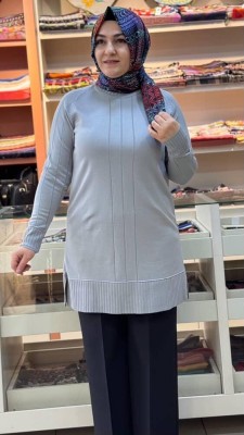 Kolları Ve Önü Çizgi Detaylı Triko Tunik Gri/3189 - Thumbnail