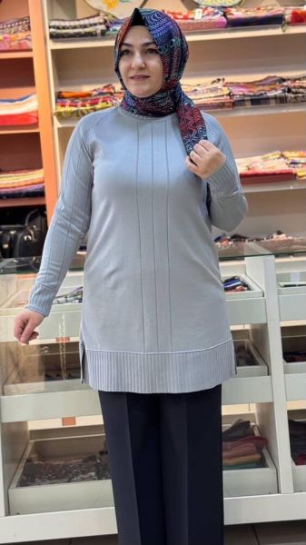 Kolları Ve Önü Çizgi Detaylı Triko Tunik Gri/3189