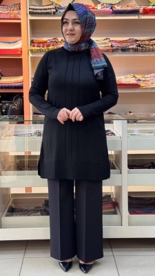  - Kolları Ve Önü Çizgi Detaylı Triko Tunik Siyah/3189