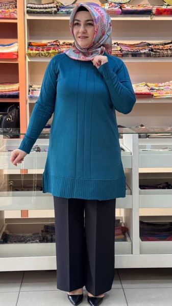 Kolları Ve Önü Çizgi Detaylı Triko Tunik Petrol/3189