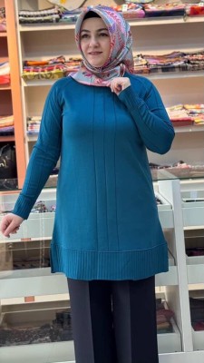 Kolları Ve Önü Çizgi Detaylı Triko Tunik Petrol/3189 - Thumbnail