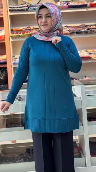 Kolları Ve Önü Çizgi Detaylı Triko Tunik Petrol/3189