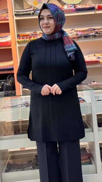 Kolları Ve Önü Çizgi Detaylı Triko Tunik Siyah/3189